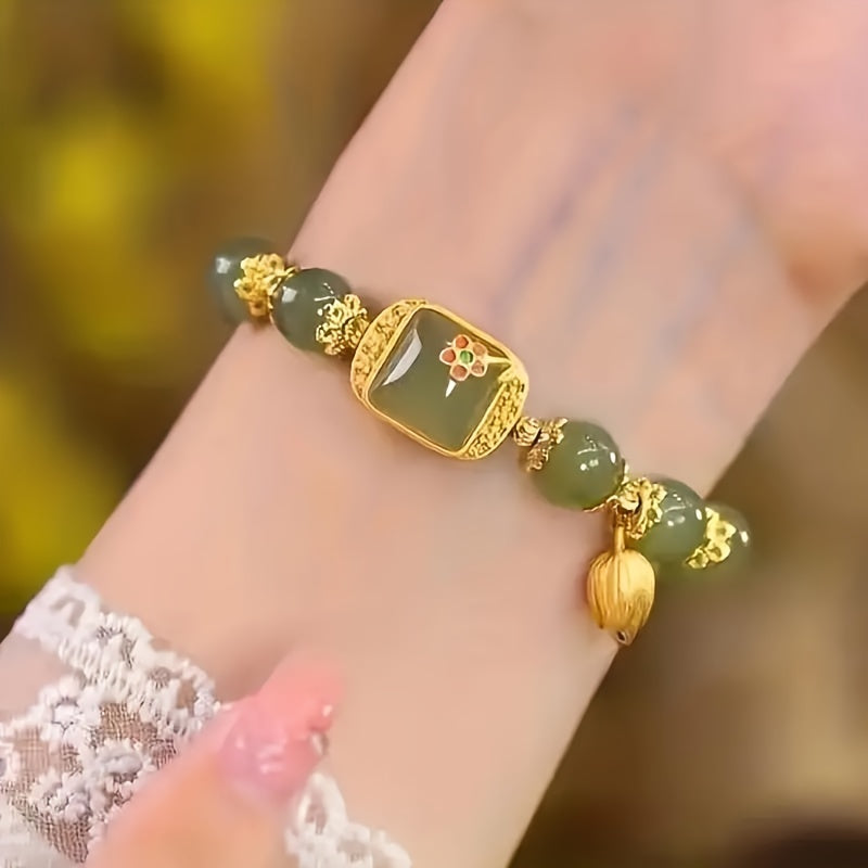 Green Jade Beaded Bracelet with Gold Lotus Charm – Elegant Lucky Jewelry Gift for Women