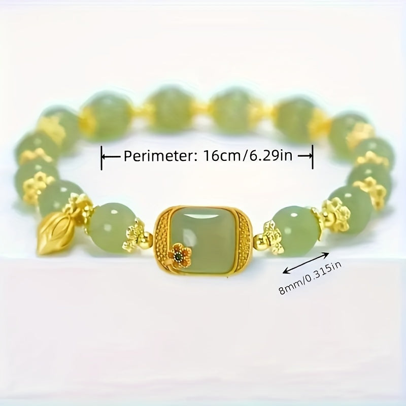 Green Jade Beaded Bracelet with Gold Lotus Charm – Elegant Lucky Jewelry Gift for Women