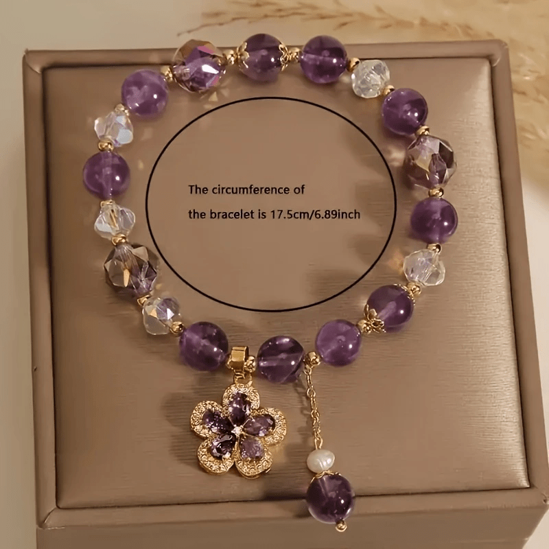 Natural Amethyst Beaded Bracelet – Gold Flower Charm with Crystal & Zirconia Accents, Unisex Elegant Jewelry Gift for Men & Women