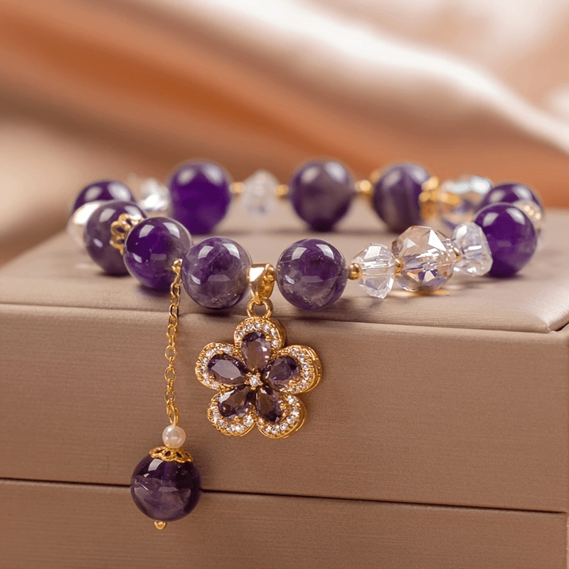 Natural Amethyst Beaded Bracelet – Gold Flower Charm with Crystal & Zirconia Accents, Unisex Elegant Jewelry Gift for Men & Women
