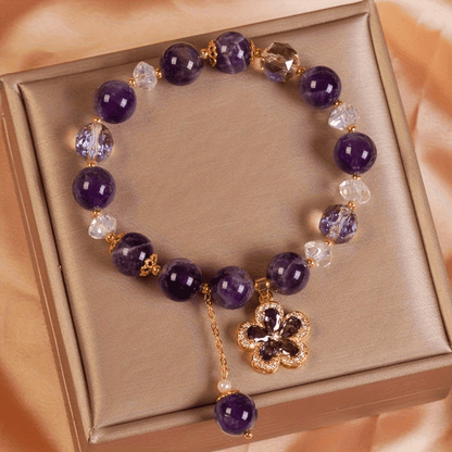 Natural Amethyst Beaded Bracelet – Gold Flower Charm with Crystal & Zirconia Accents, Unisex Elegant Jewelry Gift for Men & Women