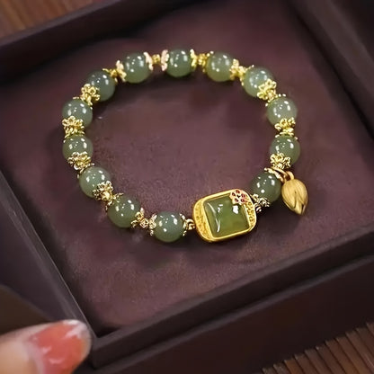 Green Jade Beaded Bracelet with Gold Lotus Charm – Elegant Lucky Jewelry Gift for Women