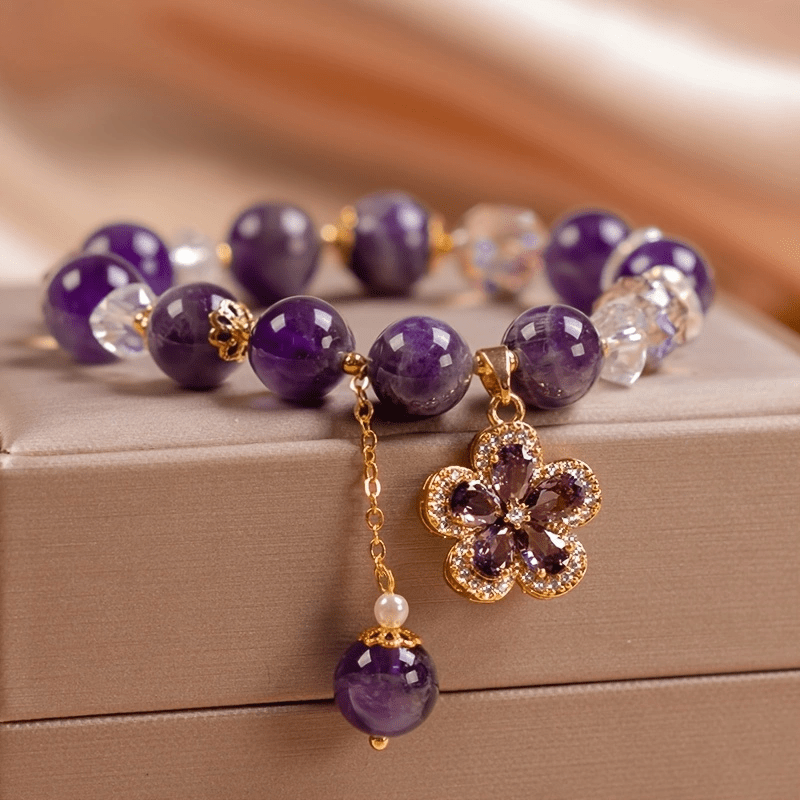 Natural Amethyst Beaded Bracelet – Gold Flower Charm with Crystal & Zirconia Accents, Unisex Elegant Jewelry Gift for Men & Women