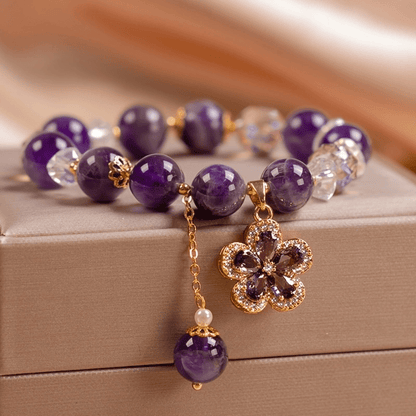 Natural Amethyst Beaded Bracelet – Gold Flower Charm with Crystal & Zirconia Accents, Unisex Elegant Jewelry Gift for Men & Women