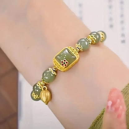 Green Jade Beaded Bracelet with Gold Lotus Charm – Elegant Lucky Jewelry Gift for Women