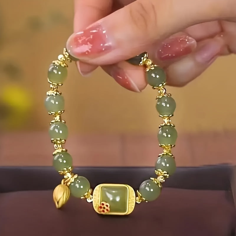 Green Jade Beaded Bracelet with Gold Lotus Charm – Elegant Lucky Jewelry Gift for Women
